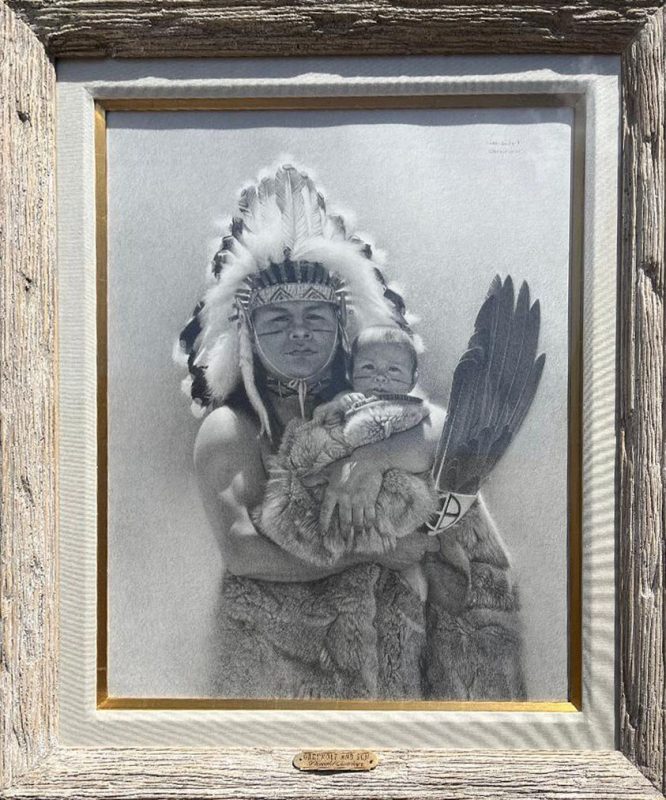 Donald Crowley Greyhawk and Son Native American Indian portrait feather fan headdress figurative western pencil graphite drawing painting framed