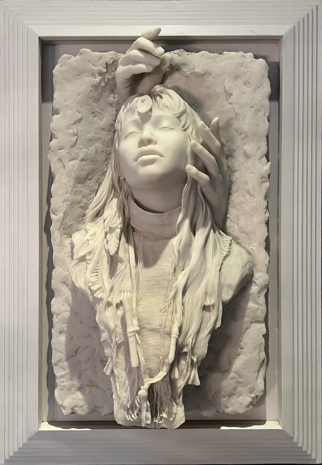John Coleman Creation Passing wall art plack plaque wall relief Native American Indian figure figurative western marble sculpture