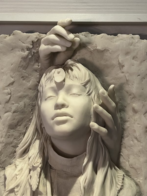 John Coleman Creation Passing wall art plack plaque wall relief Native American Indian figure figurative western marble sculpture close