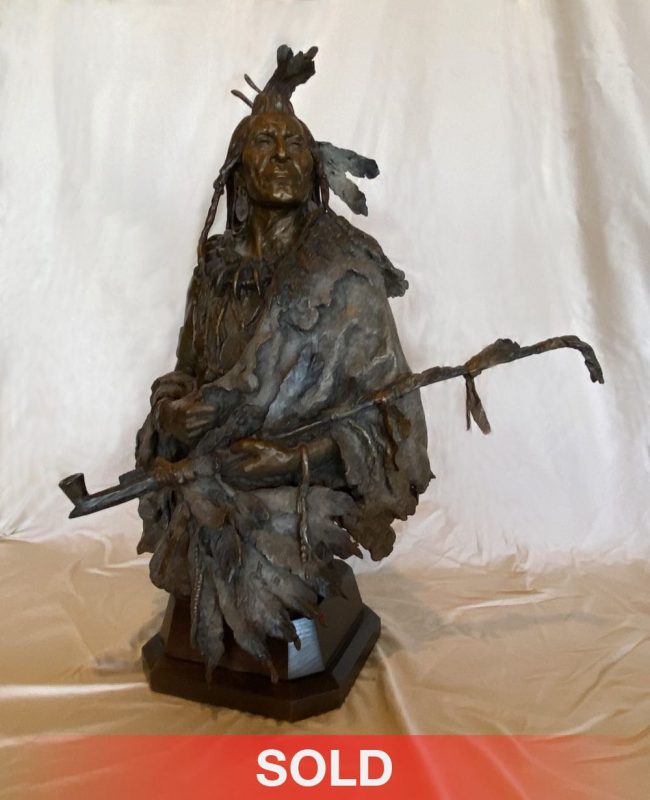 John Coleman The Greeter Black Moccasin Hidatsa Chief Native American Indian male warrior pipe western bronze sculpture sold