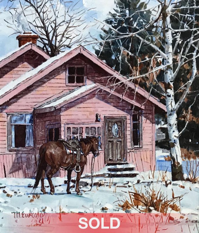 Michael Ewing White Mountain Visit horse cabin snowy landscape oil painting