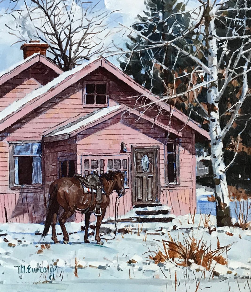 Michael Ewing White Mountain Visit horse snow cabin western oil painting