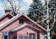 Michael Ewing White Mountain Visit horse snow cabin western oil painting