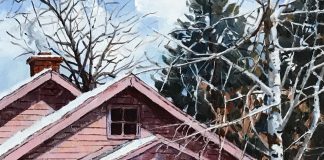 Michael Ewing White Mountain Visit horse snow cabin western oil painting