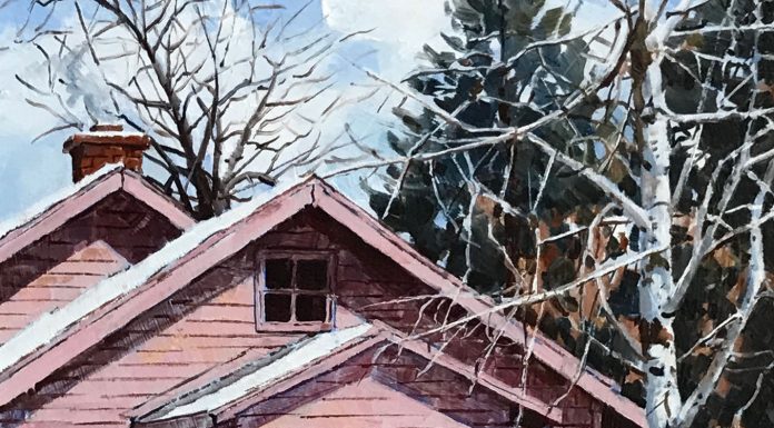 Michael Ewing White Mountain Visit horse snow cabin western oil painting