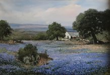 Robert Wood "Bluebonnets In Texas" western landscape oil painting