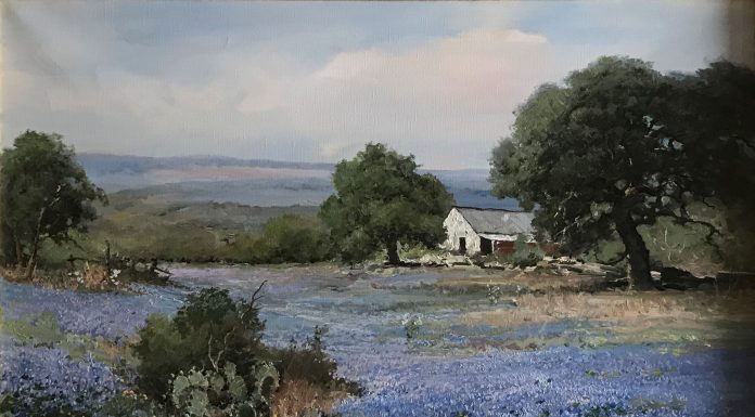 Robert Wood "Bluebonnets In Texas" western landscape oil painting