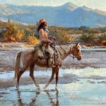 Roy Andersen The Quiet Time Native American Indian horse river stream creek water western oil painting