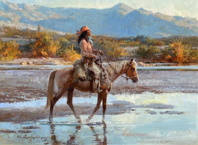 Roy Andersen The Quiet Time Native American Indian horse river stream creek water western oil painting
