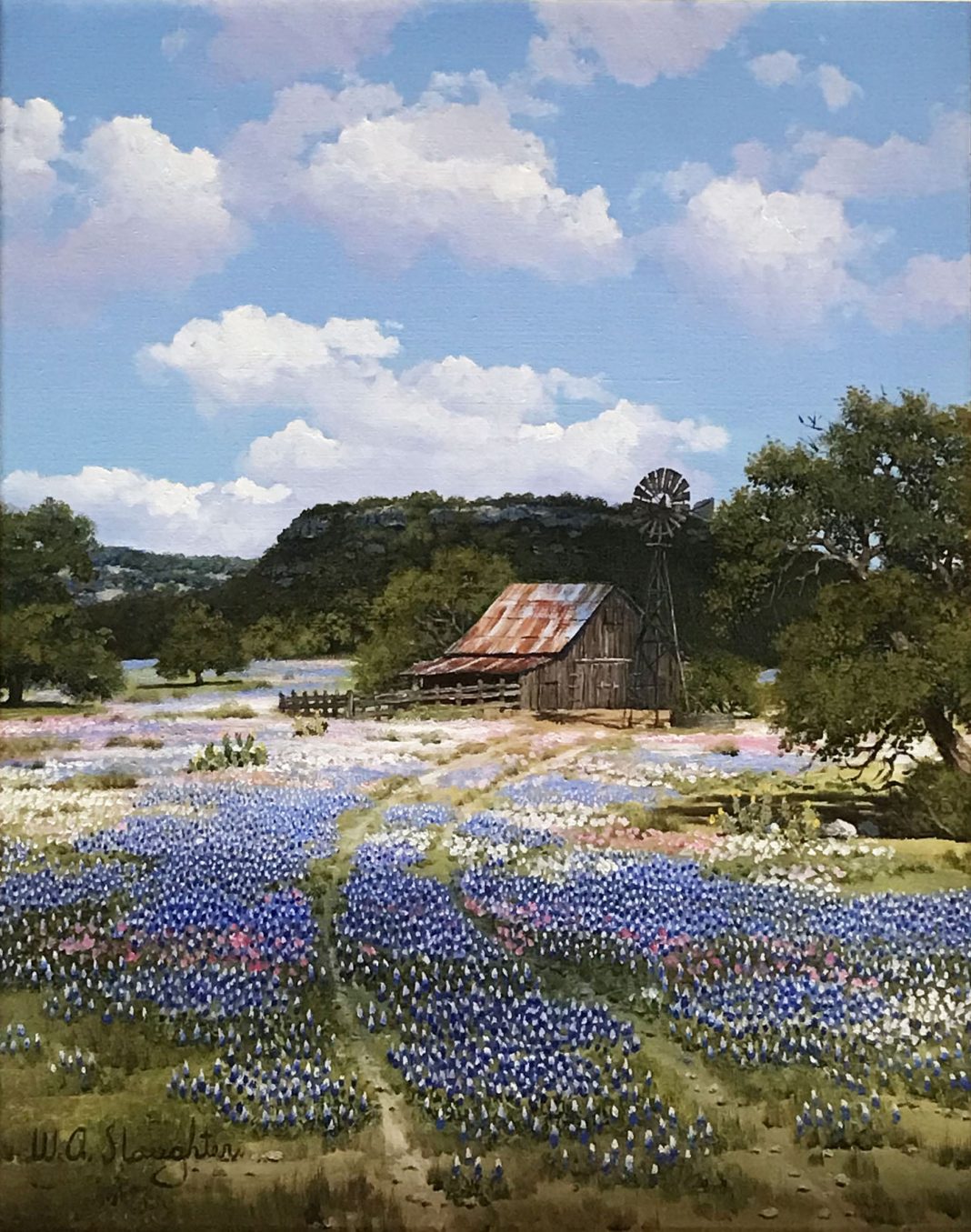 William Slaughter Bluebonnets landscape western oil painting