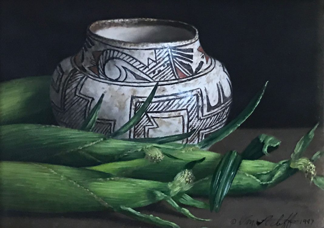 William Acheff Still Life corn Native American pot western oil painting