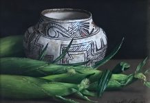 William Acheff Still Life corn Native American pot western oil painting