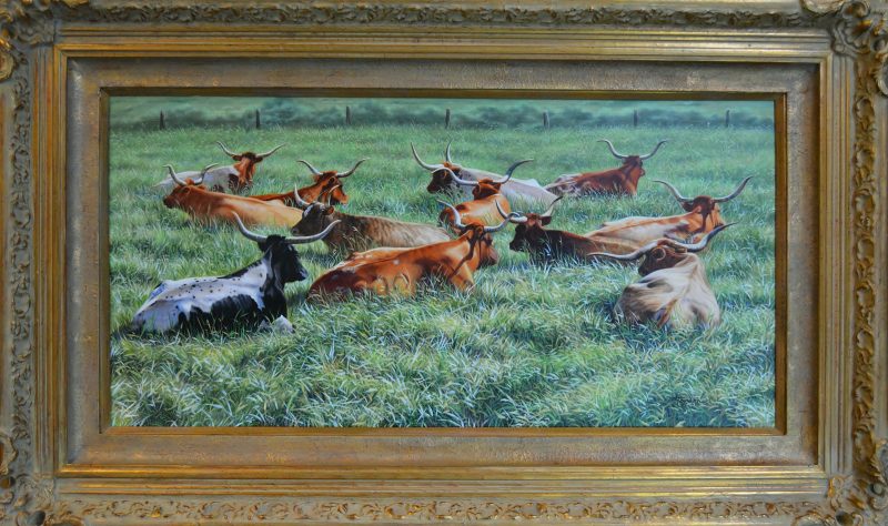 Ann Hanson Longhorn Lounge cattle prairie western oil painting framed