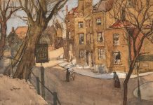 G.M. Collcutt "Holly Bush" mixed media watercolor painting England United Kingdom architectural painting