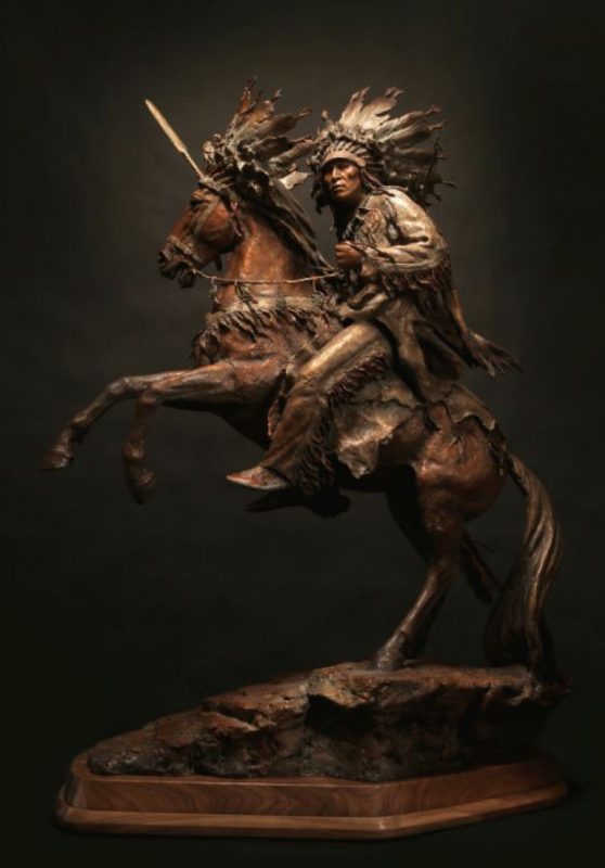 Johh Coleman "He Who Jumps Over Everything" Native American horse chief headdress spear warrior western bronze sculpture