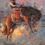 jim connelly determination cowboy bucking horse rodeo action western oil painting