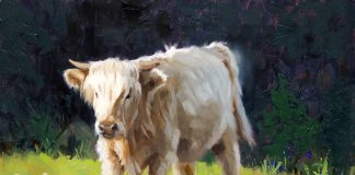 Jim Connelly Lyla white cow corral ranch farm western oil painting