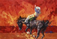 Jim Connelly Orange Crush bucking bronco horse action western cowboy rodeo western oil painting