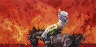 Jim Connelly Orange Crush bucking bronco horse action western cowboy rodeo western oil painting