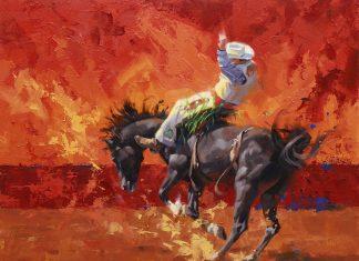 Jim Connelly Orange Crush bucking bronco horse action western cowboy rodeo western oil painting