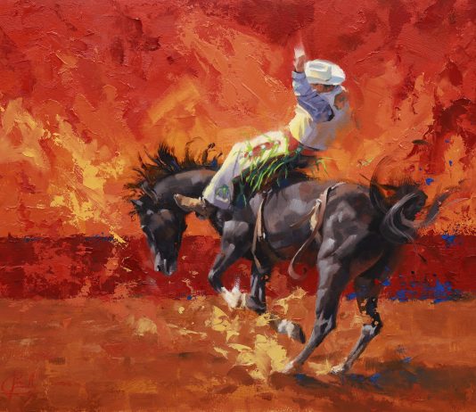 Jim Connelly Orange Crush bucking bronco horse action western cowboy rodeo western oil painting