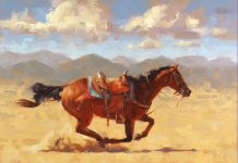 Jim Connelly The Prodigal horse saddle running action western oil painting ranch farm