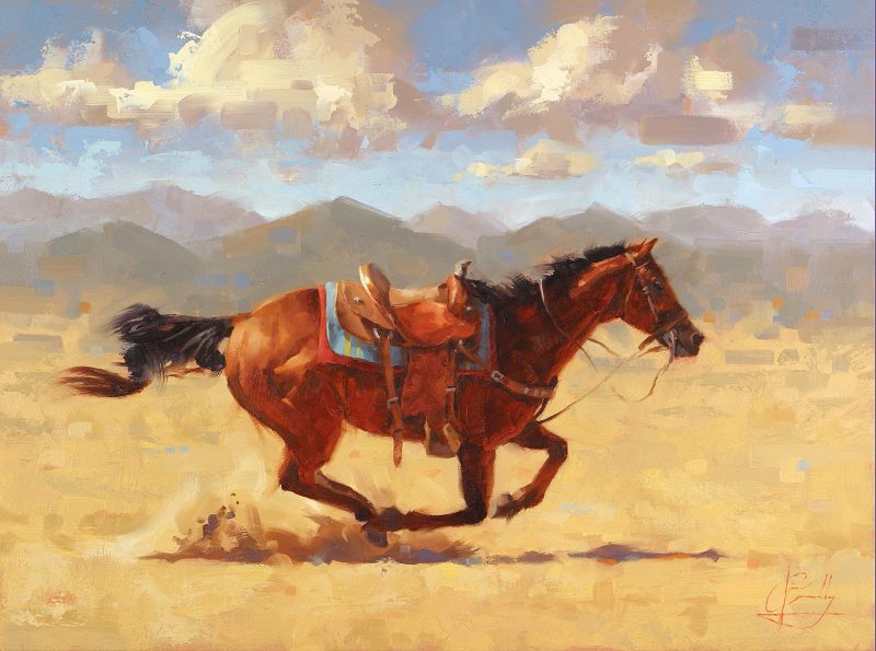 Jim Connelly The Prodigal horse saddle running action western oil painting ranch farm