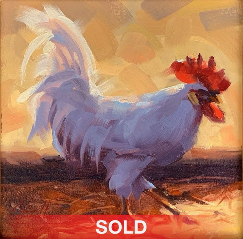 Jim Connelly Rooster Tail chicken western oil painting sold