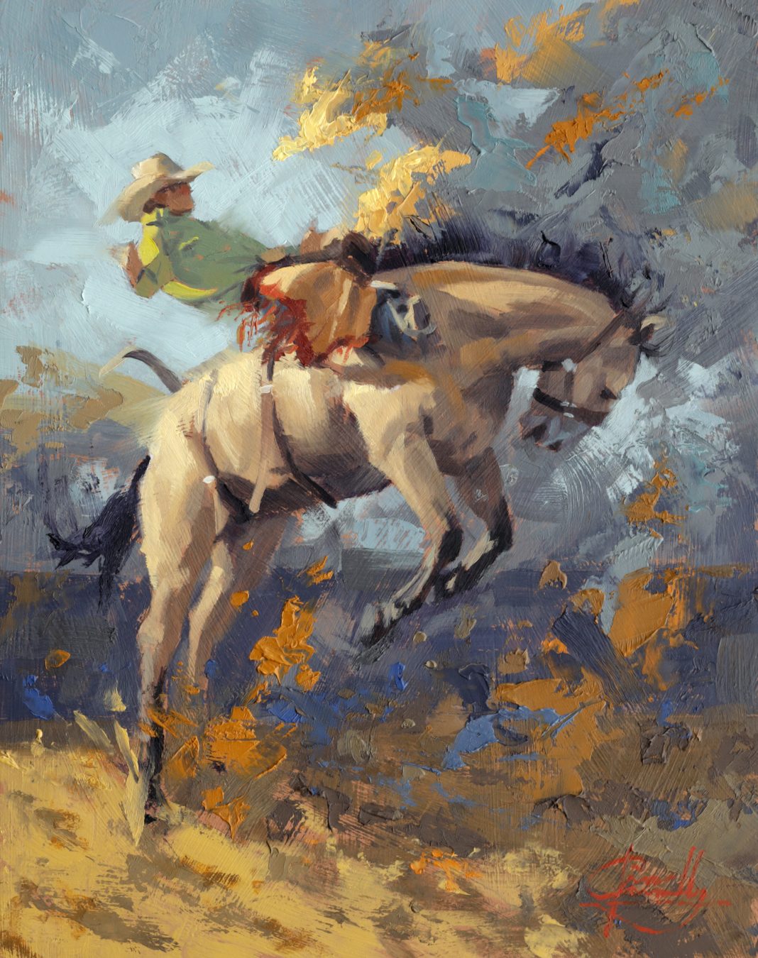 Jim Connelly Storm bucking bronco horse cowboy rodeo ranch farm action western oil painting