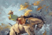 Jim Connelly Storm bucking bronco horse cowboy rodeo ranch farm action western oil painting