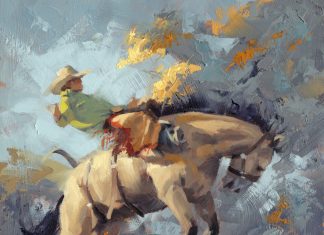 Jim Connelly Storm bucking bronco horse cowboy rodeo ranch farm action western oil painting