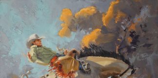 Jim Connelly Stormy cowboy bucking horse rope action western oil painting