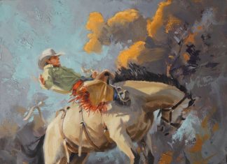 Jim Connelly Stormy cowboy bucking horse rope action western oil painting