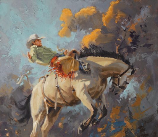 Jim Connelly Stormy cowboy bucking horse rope action western oil painting