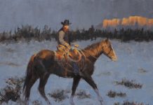 Jim Connelly Winter Glow cowboy horse rope snow western landscape oil painting