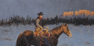 Jim Connelly Winter Glow cowboy horse rope snow western landscape oil painting