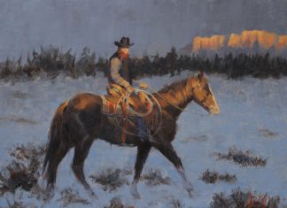 Jim Connelly Winter Glow cowboy horse rope snow western landscape oil painting