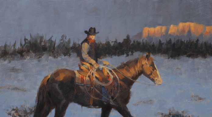 “Winter Glow” Jim Connelly Jim Connelly Winter Glow cowboy horse rope snow western landscape oil painting