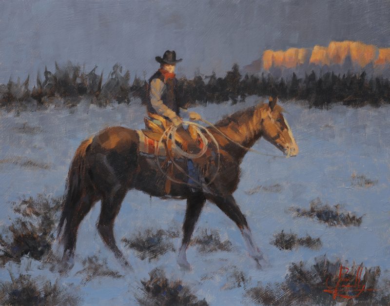 Jim Connelly Winter Glow cowboy horse rope snow western landscape oil painting