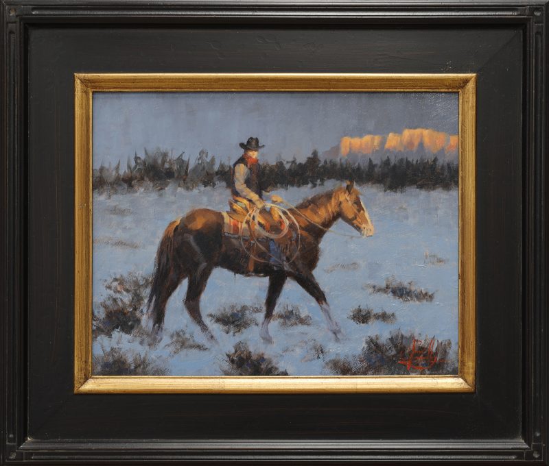 Jim Connelly Winter Glow cowboy horse rope snow western landscape oil painting framed