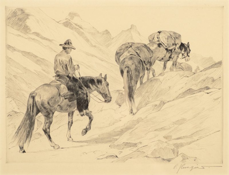 Carl Rungius "Over The Pass" etching on paper cowboy packer trapper horses western print
