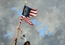 Howard Terpning "Change Of Command" Native American American flag western oil painting
