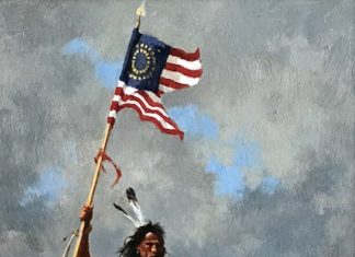 Howard Terpning "Change Of Command" Native American American flag western oil painting