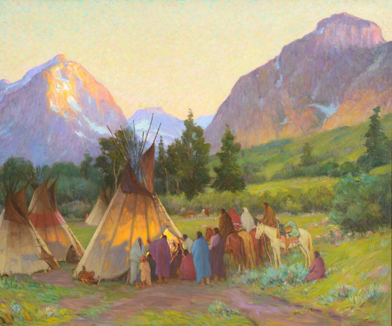 Joseph Sharp "Crow Encampment, Montana" oil Indian Native American western oil painting