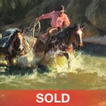 Bill Anton Horsepower cowboy horse pack horse water stream river western oil painting