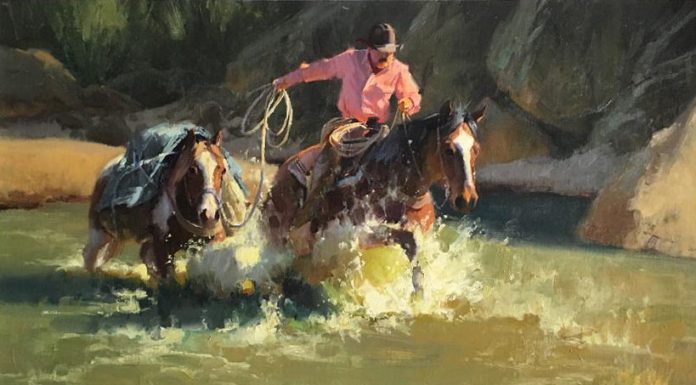 Bill Anton Horsepower cowboy horse pack horse water stream river western oil painting