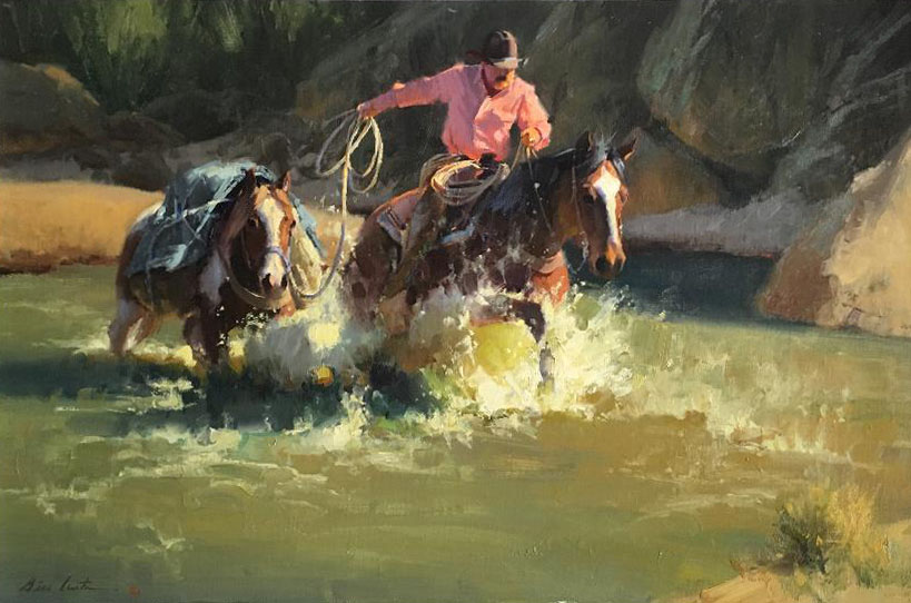 Bill Anton Horsepower cowboy horse pack horse water stream river western oil painting