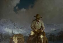 Bill Anton Rescued Between Blizzards snow storm cow cattle horse cowboy western landscape oil painting