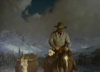 Bill Anton Rescued Between Blizzards snow storm cow cattle horse cowboy western landscape oil painting