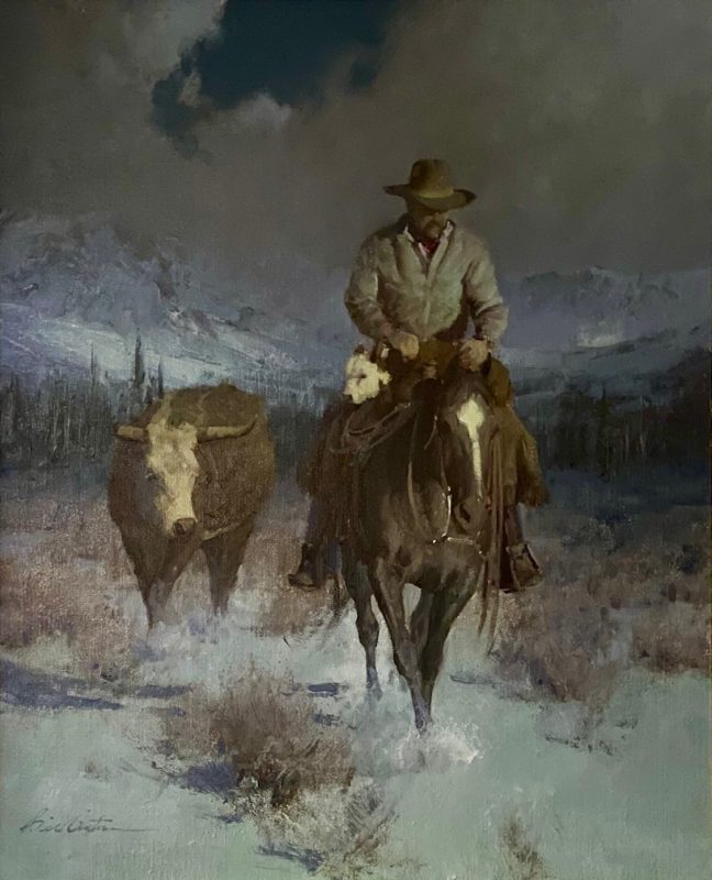 Bill Anton Rescued Between Blizzards snow storm cow cattle horse cowboy western landscape oil painting